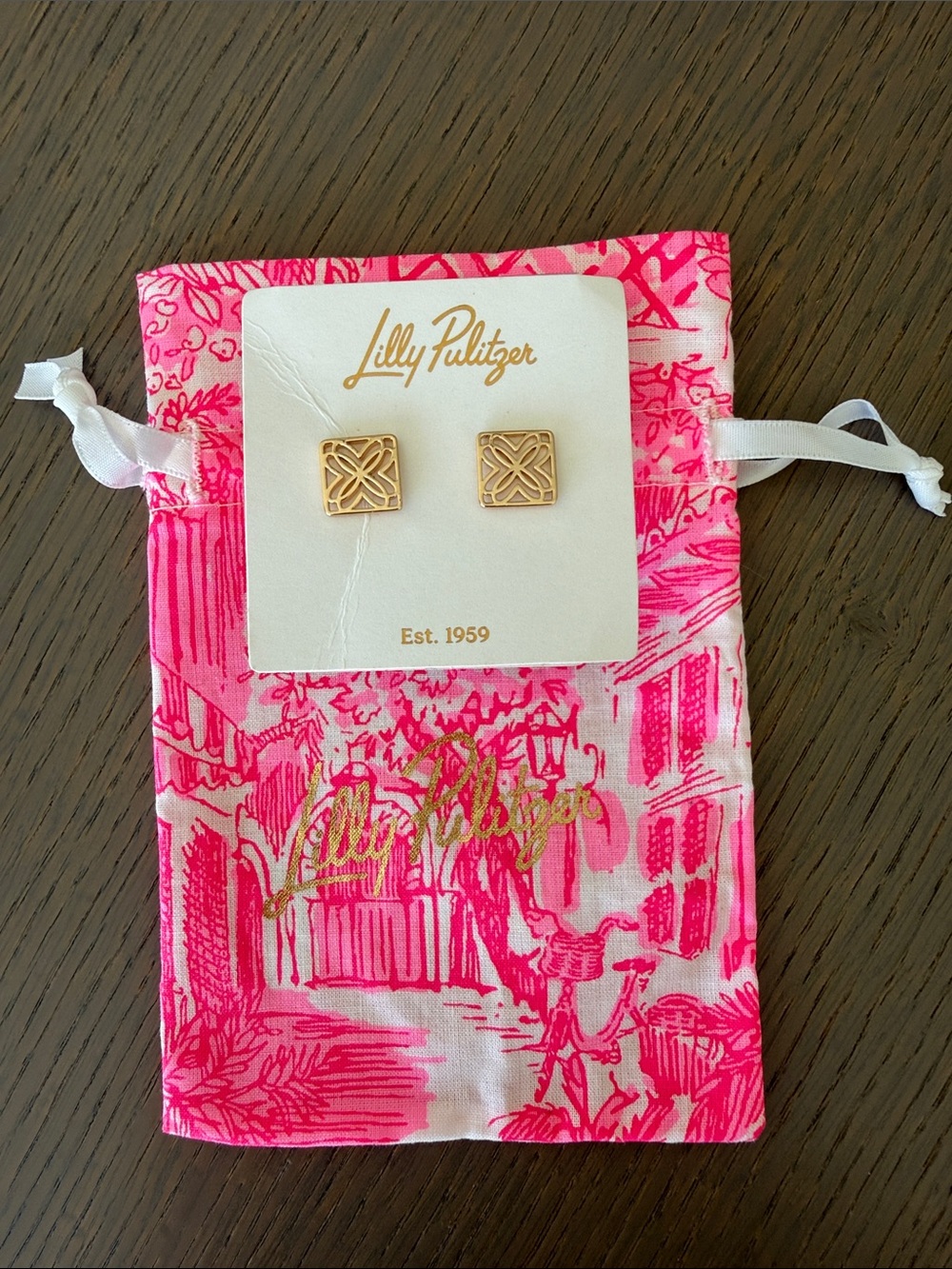 Lilly Pulitzer Logo Gold Filigree Square Stud Earrings with Hot Pink Pouch